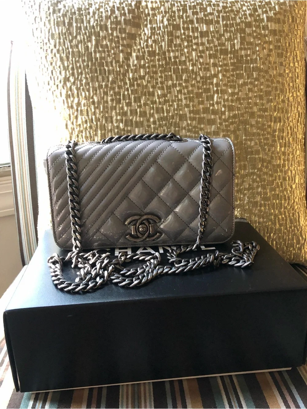 Chanel Coco Boyd Quilted Patent Leather Flap Bag in Dark Gray